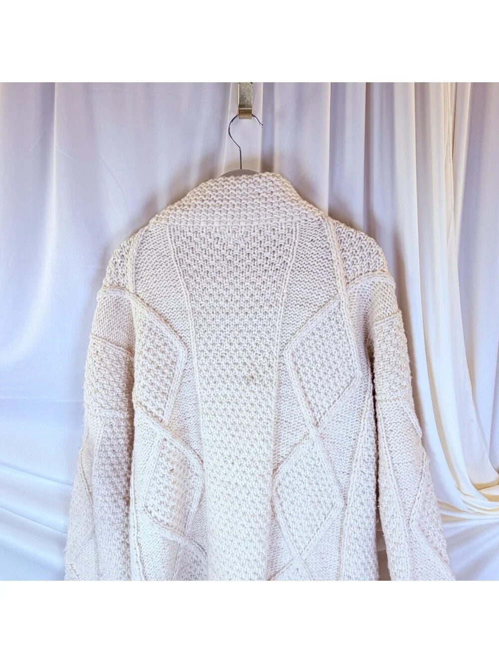 World Of Wool Vintage Cableknit Fisherman Sweater Ivory Heavy Full Zip XL